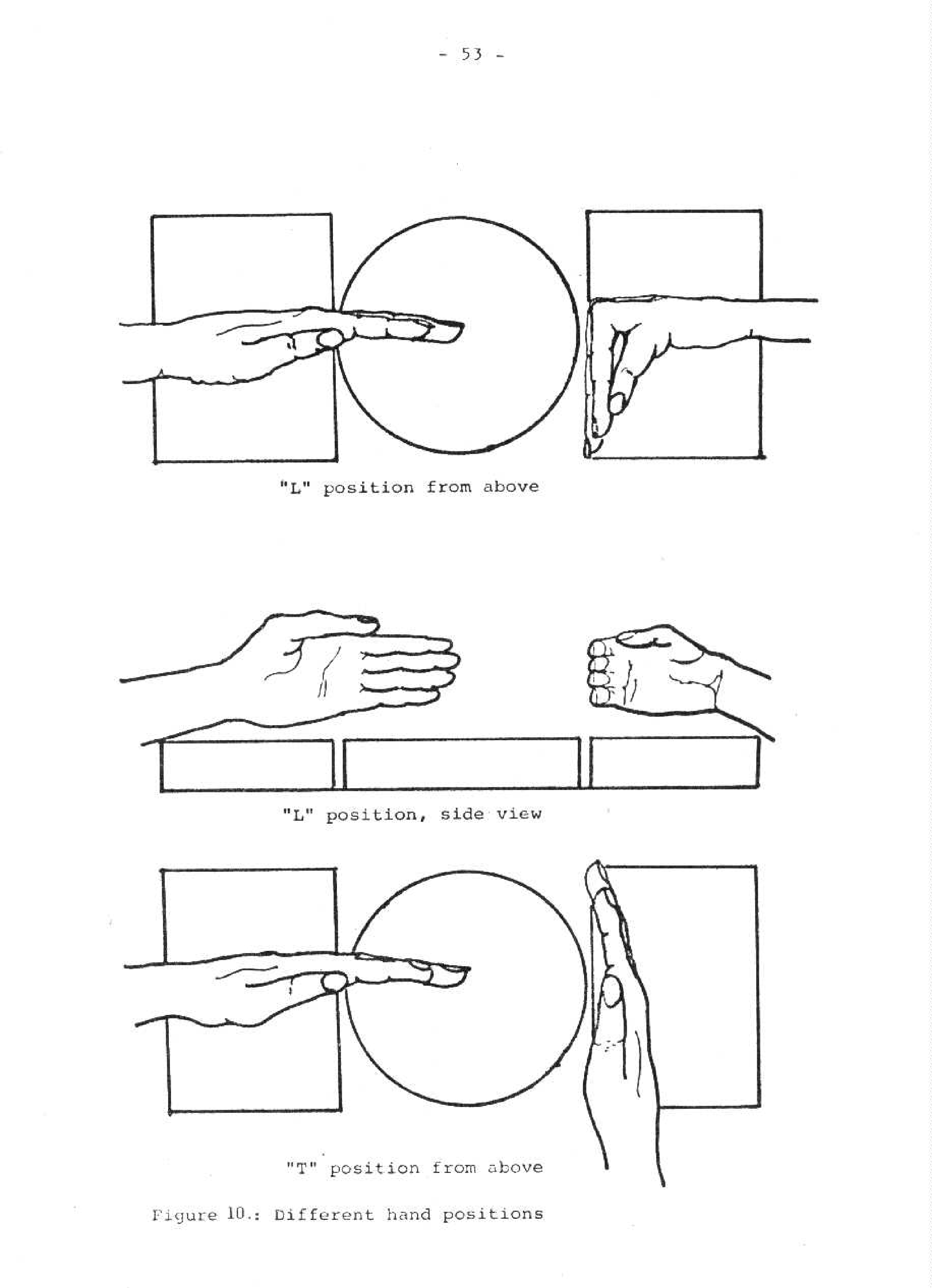 Egely 1986 paper, Figure 10: L and T hand positions used above the Petri dish
